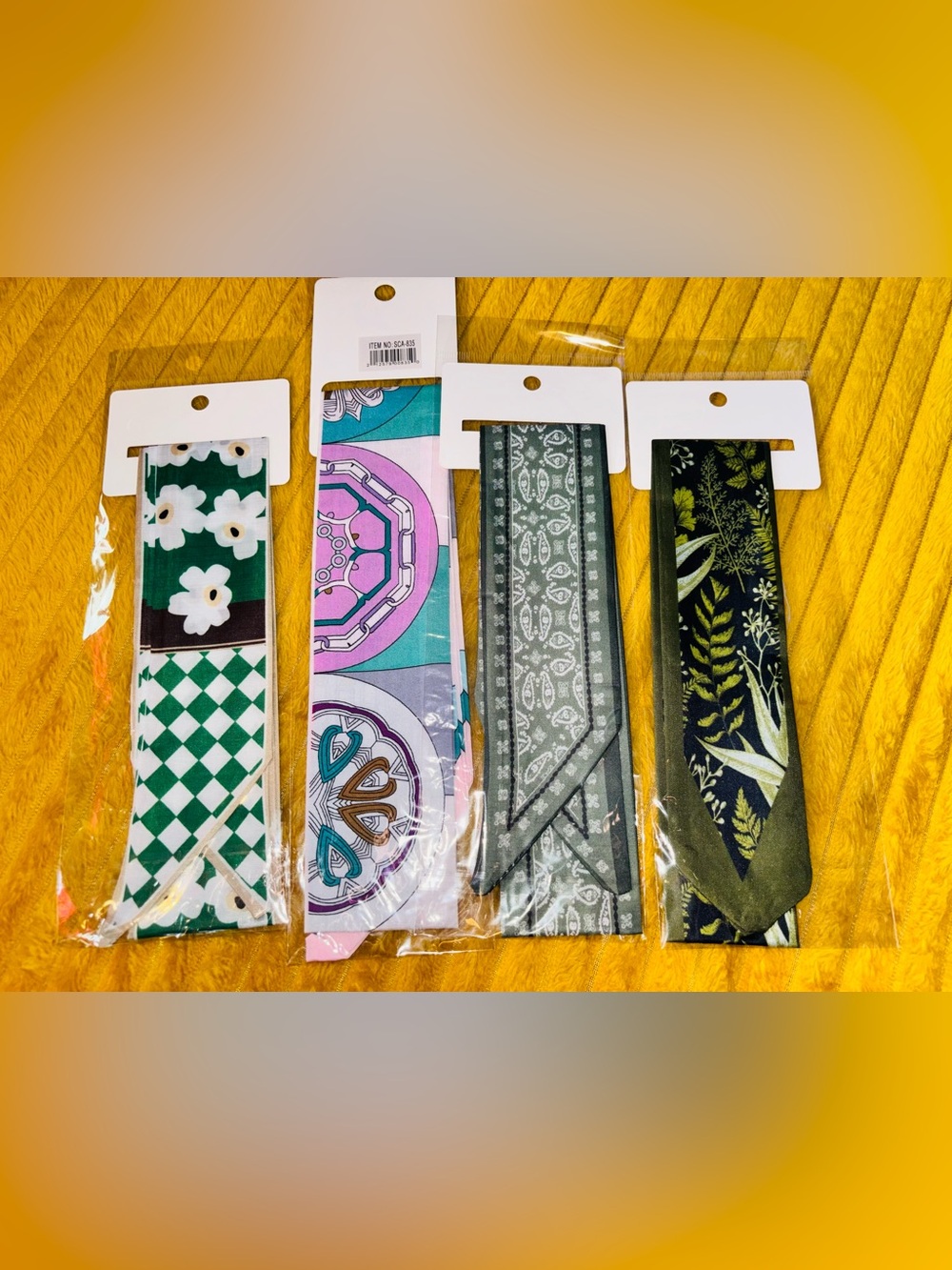 Set of 4 Twilly Skinny Scarves – Green Floral Paisley & Mixed Prints – New
